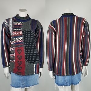 Vintage 80s Patchwork Blanket Stitch Wool Blend Mock Neck Sweater Size Small